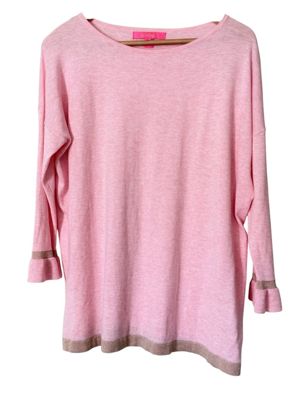 Lilly Pulitzer Charla Ruffle Cuff Coolmax Pink Metallic Trim Pullover Sweater M